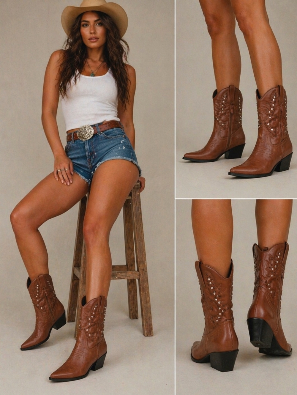 Classic Western Mid-Calf Boots in Brown